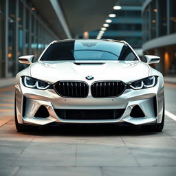 A futuristic white BMW design, featuring striking black headlights that enhance its bold and aggressive look