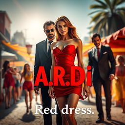 A thrilling movie scene featuring a captivating woman in a short, eye-catching red dress, standing confidently at the forefront