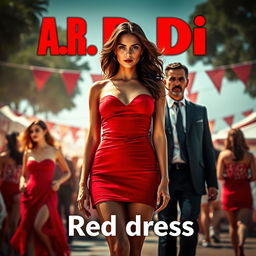 A thrilling movie scene featuring a captivating woman in a short, eye-catching red dress, standing confidently at the forefront