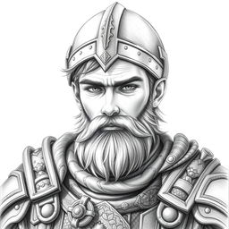 A portrait of a young human male warrior with a full beard, wearing intricate armor and a helmet that has no horns