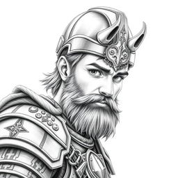 A portrait of a young human male warrior with a full beard, wearing intricate armor and a helmet that has no horns