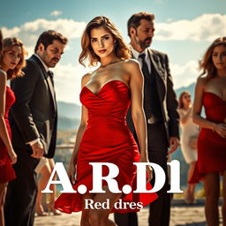 An intriguing thriller movie poster showcasing a captivating woman in a short, elegant red dress, confidently standing in the center of the composition