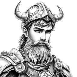 A portrait of a young human male warrior with a full beard, wearing intricate armor and a helmet that has no horns