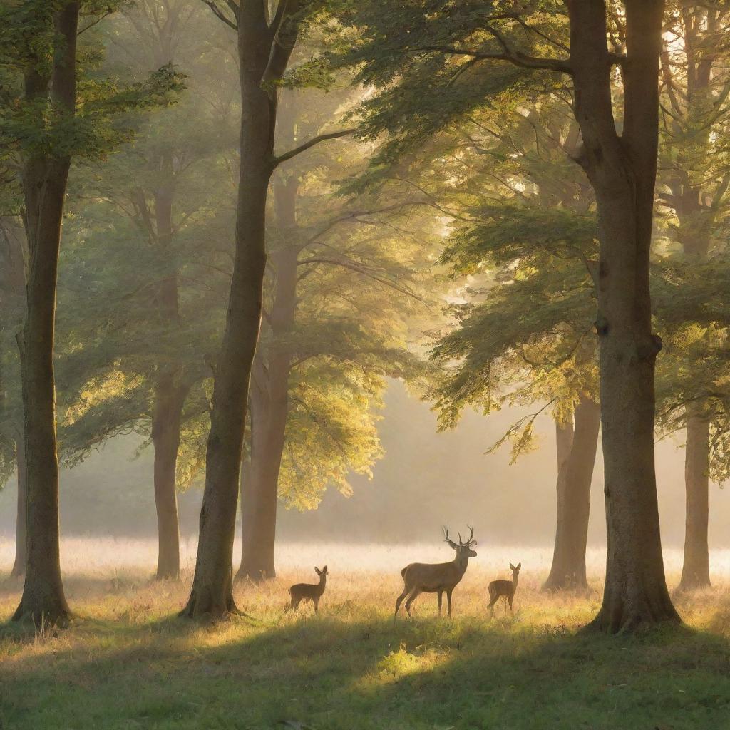 A serene and picturesque scene featuring a tranquil forest glade bathed in the soft, golden light of the setting sun, with a family of deer gently grazing amongst the foliage.