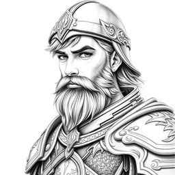 A portrait of a young human male warrior with a full beard, depicted in intricate armor and wearing a helm that adds to his heroic persona