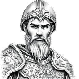 A portrait of a young human male warrior with a full beard, depicted in intricate armor and wearing a helm that adds to his heroic persona