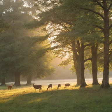 A serene and picturesque scene featuring a tranquil forest glade bathed in the soft, golden light of the setting sun, with a family of deer gently grazing amongst the foliage.