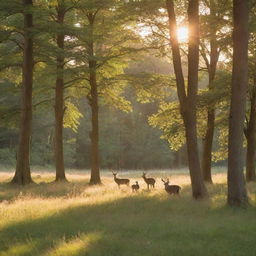 A serene and picturesque scene featuring a tranquil forest glade bathed in the soft, golden light of the setting sun, with a family of deer gently grazing amongst the foliage.