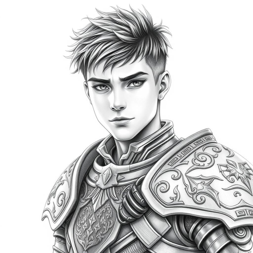 A portrait of a young human male warrior dressed in intricate armor, radiating strength and determination