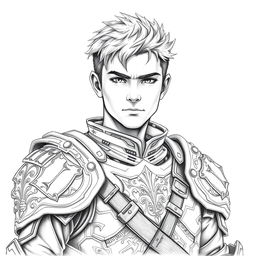 A portrait of a young human male warrior dressed in intricate armor, radiating strength and determination