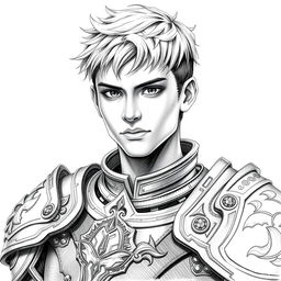 A portrait of a young human male warrior dressed in intricate armor, radiating strength and determination