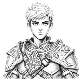 A portrait of a young human male warrior dressed in intricate armor, radiating strength and determination