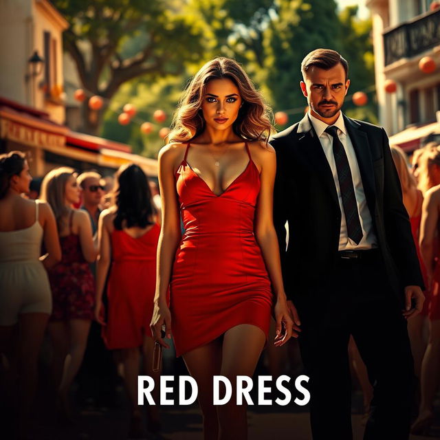 A captivating thriller scene set in sunny Italy, featuring a stunning woman wearing a short red dress that draws the eye