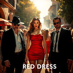 A captivating thriller scene set in sunny Italy, featuring a stunning woman wearing a short red dress that draws the eye