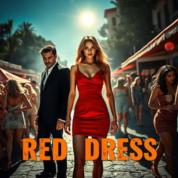 A captivating thriller scene set in sunny Italy, featuring a stunning woman wearing a short red dress that draws the eye