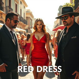 A captivating thriller scene set in sunny Italy, featuring a stunning woman wearing a short red dress that draws the eye