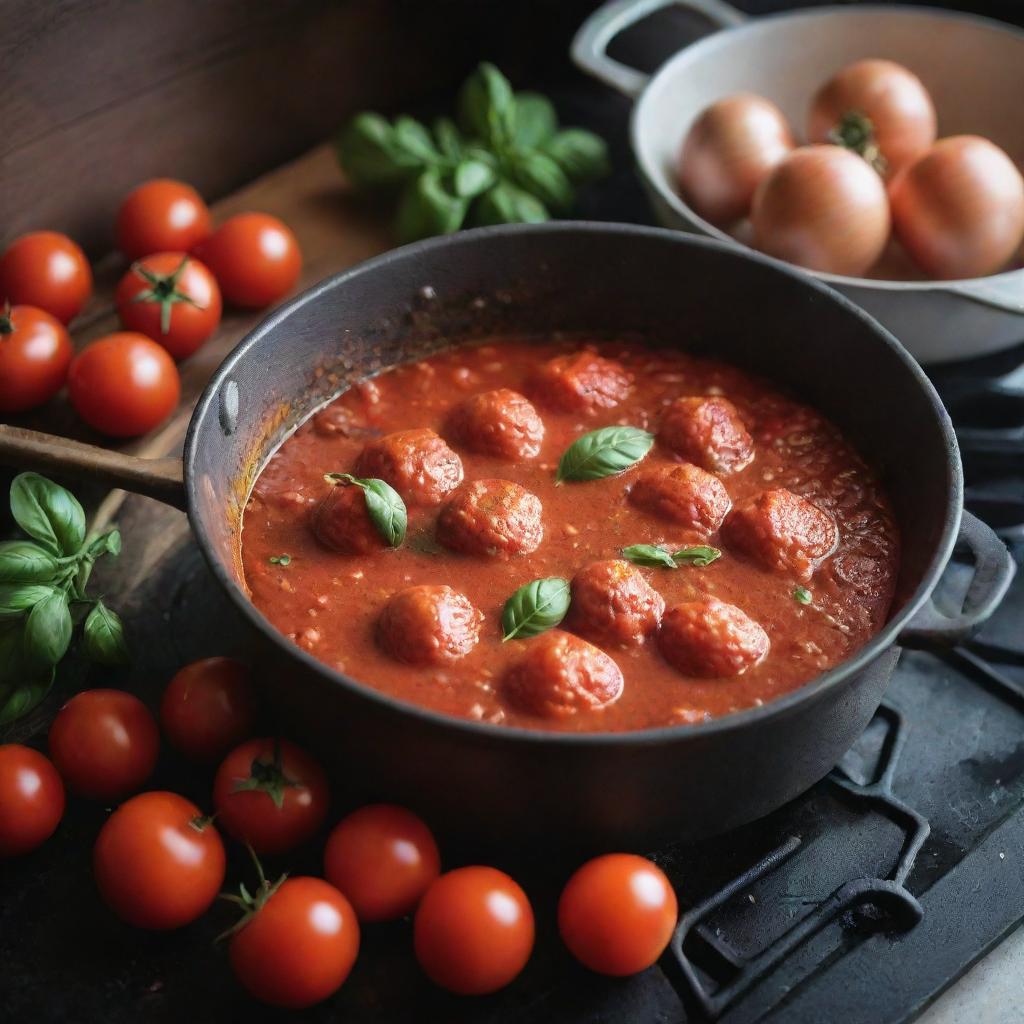 A simmering pot of homemade tomato sauce on a rustic stove, with vibrant red tomatoes, plump garlic cloves, and fresh basil leaves scattered around. Steam rises gracefully from the pot, signalling it's ready to serve.