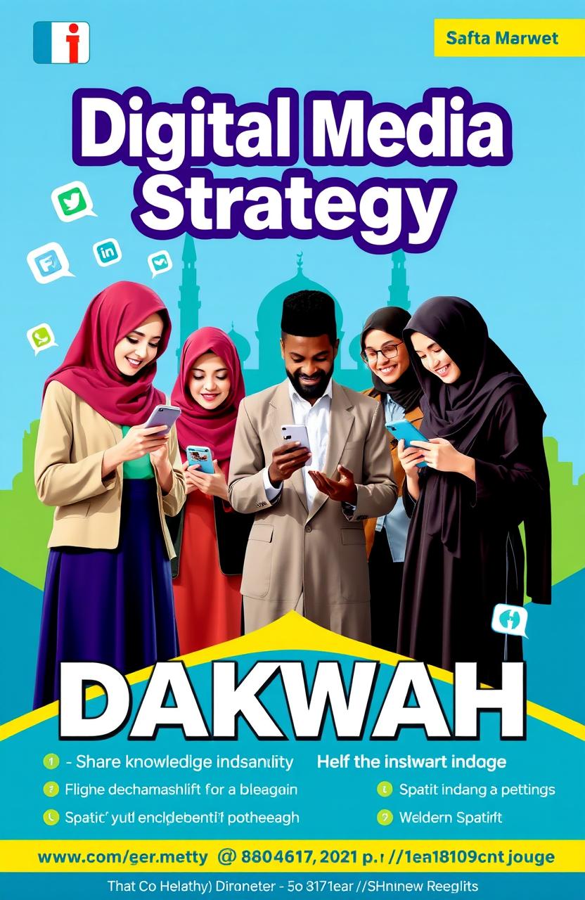 A vibrant and engaging digital media strategy poster for dakwah (Islamic preaching), featuring diverse individuals in modern attire engaging with digital devices