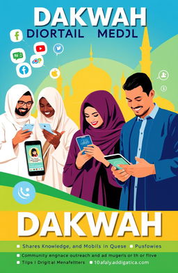 A vibrant and engaging digital media strategy poster for dakwah (Islamic preaching), featuring diverse individuals in modern attire engaging with digital devices