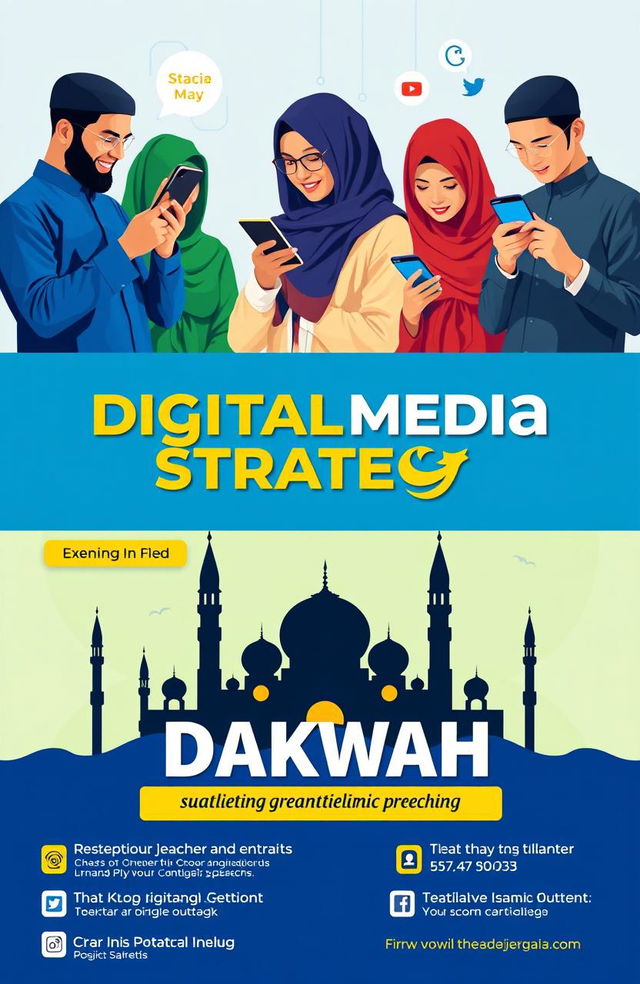 A vibrant and engaging digital media strategy poster for dakwah (Islamic preaching), featuring diverse individuals in modern attire engaging with digital devices