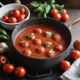 A simmering pot of homemade tomato sauce on a rustic stove, with vibrant red tomatoes, plump garlic cloves, and fresh basil leaves scattered around. Steam rises gracefully from the pot, signalling it's ready to serve.