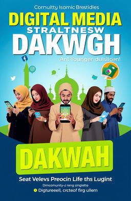 A vibrant and engaging digital media strategy poster for dakwah (Islamic preaching), featuring diverse individuals in modern attire engaging with digital devices