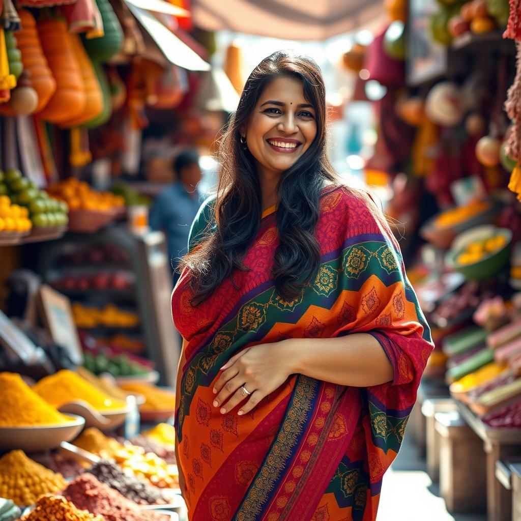 A middle-aged Indian woman with a curvy figure, wearing a colorful traditional saree, which accentuates her voluptuous form