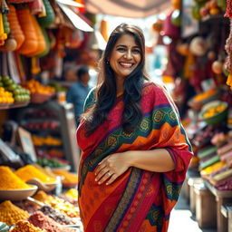 A middle-aged Indian woman with a curvy figure, wearing a colorful traditional saree, which accentuates her voluptuous form