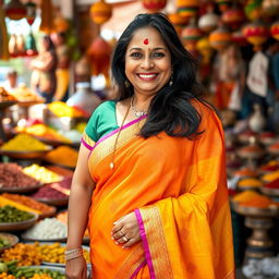 A middle-aged Indian woman with a curvy figure, wearing a colorful traditional saree, which accentuates her voluptuous form