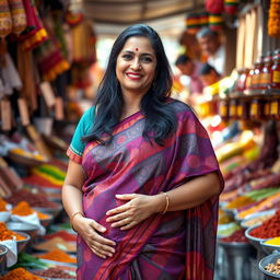 A middle-aged Indian woman with a curvy figure, wearing a colorful traditional saree, which accentuates her voluptuous form