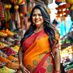 A middle-aged Indian woman with a curvy figure, wearing a colorful traditional saree, which accentuates her voluptuous form