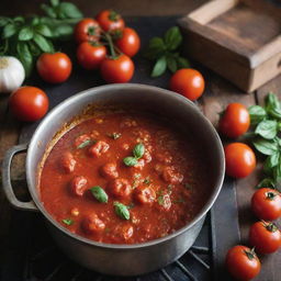 A simmering pot of homemade tomato sauce on a rustic stove, with vibrant red tomatoes, plump garlic cloves, and fresh basil leaves scattered around. Steam rises gracefully from the pot, signalling it's ready to serve.