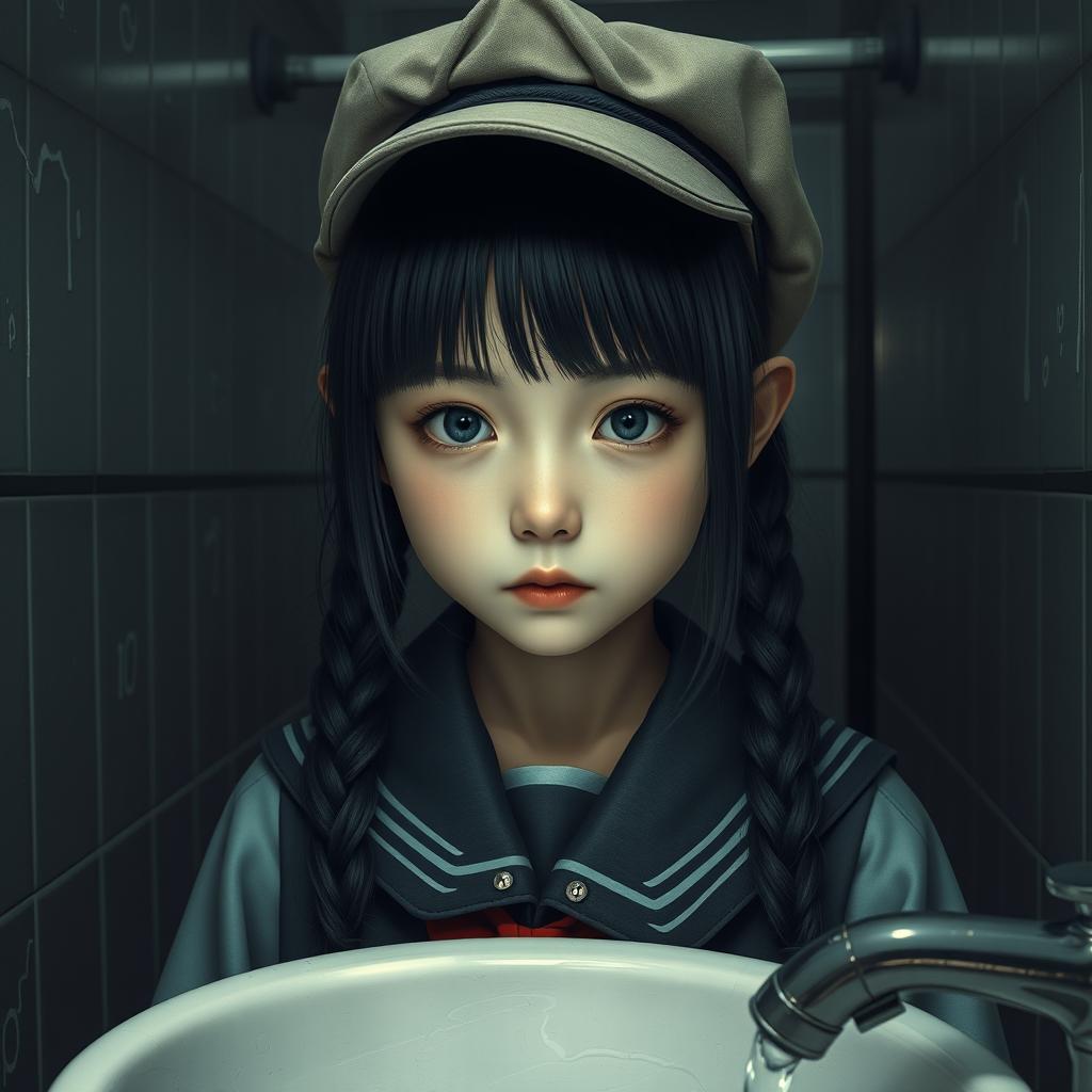 A hyper-realistic depiction of Hanako-san, the famous Japanese urban legend