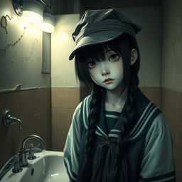 A hyper-realistic depiction of Hanako-san, the famous Japanese urban legend