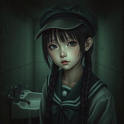 A hyper-realistic depiction of Hanako-san, the famous Japanese urban legend