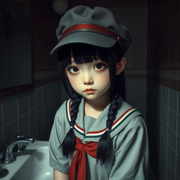 A hyper-realistic depiction of Hanako-san, the famous Japanese urban legend