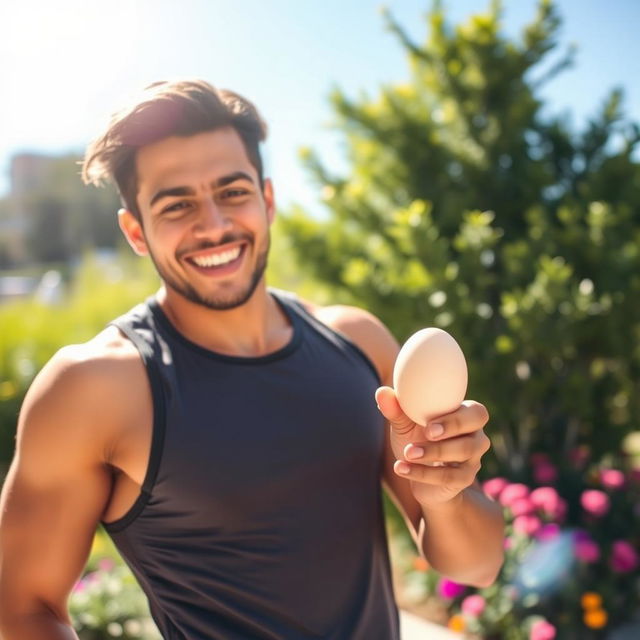 A vibrant and energetic individual holding a fresh egg in one hand, beaming with happiness and health