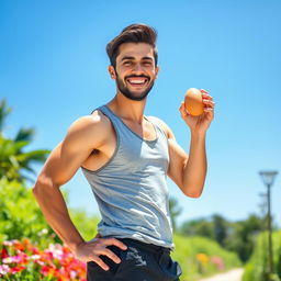 A vibrant and energetic individual holding a fresh egg in one hand, beaming with happiness and health