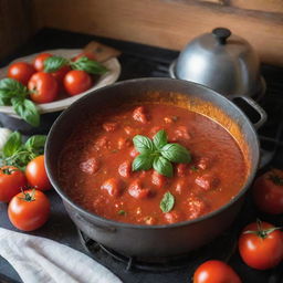 A simmering pot of homemade tomato sauce on a rustic stove, with vibrant red tomatoes, plump garlic cloves, and fresh basil leaves scattered around. Steam rises gracefully from the pot, signalling it's ready to serve.