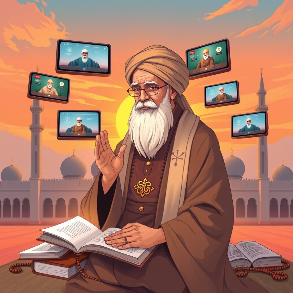 An illustration depicting a wise kyai (Islamic scholar) engaging with digital media for dakwah (Islamic preaching)