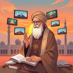 An illustration depicting a wise kyai (Islamic scholar) engaging with digital media for dakwah (Islamic preaching)