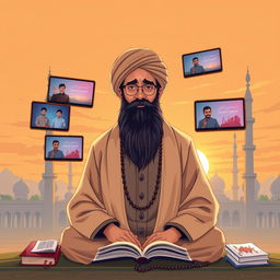 An illustration depicting a wise kyai (Islamic scholar) engaging with digital media for dakwah (Islamic preaching)