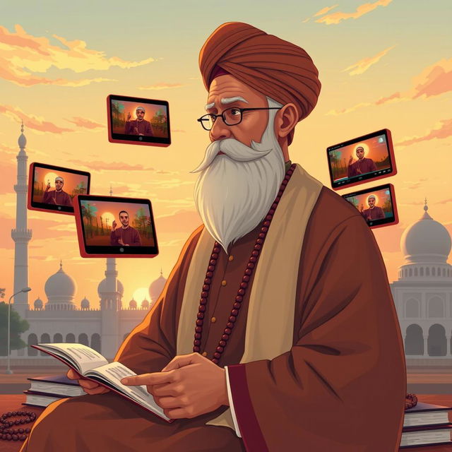 An illustration depicting a wise kyai (Islamic scholar) engaging with digital media for dakwah (Islamic preaching)