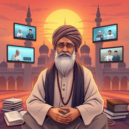 An illustration depicting a wise kyai (Islamic scholar) engaging with digital media for dakwah (Islamic preaching)