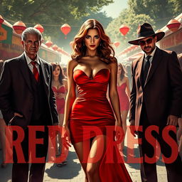 A captivating thriller-themed artwork featuring a gorgeous woman in a short red dress, standing confidently at the center