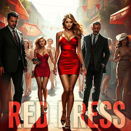 A captivating thriller-themed artwork featuring a gorgeous woman in a short red dress, standing confidently at the center