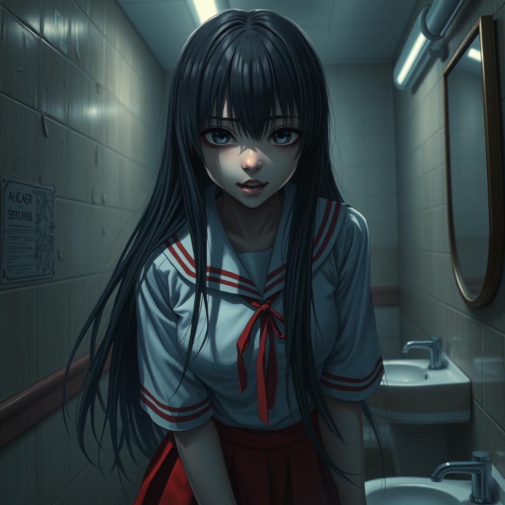 A hyper-realistic depiction of Hanako-san as a terrifying figure, wearing a traditional Japanese schoolgirl uniform with a striking red skirt