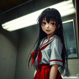 A hyper-realistic depiction of Hanako-san as a terrifying figure, wearing a traditional Japanese schoolgirl uniform with a striking red skirt