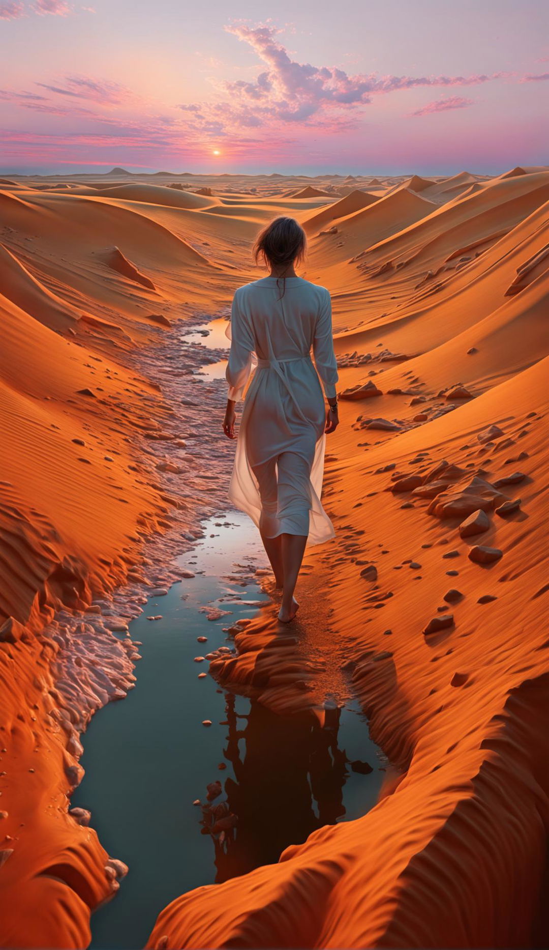 Hyper-realistic multidimensional rendering of a woman in white walking on an upside-down desert landscape under a detailed sunrise. The scene is vibrant, gritty, and everything appears wet.