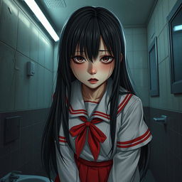 A hyper-realistic depiction of Hanako-san as a terrifying figure, wearing a traditional Japanese schoolgirl uniform with a striking red skirt